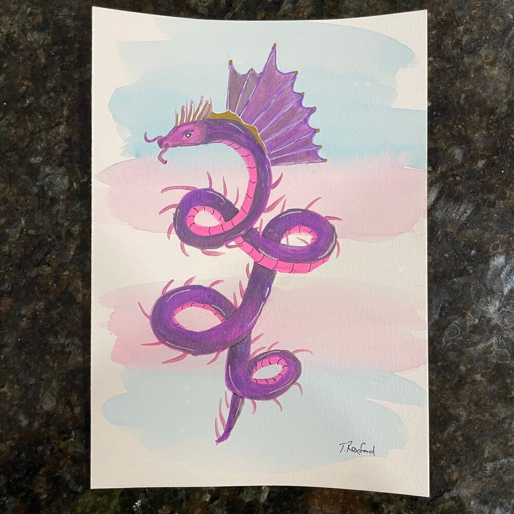 Hand painted watercolor original painting dragon 7x10”